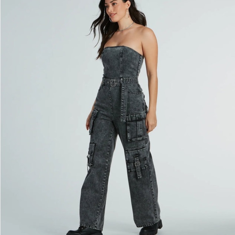 Strapless Cargo Acid Denim Jumpsuit size XS - Picture 2 of 3